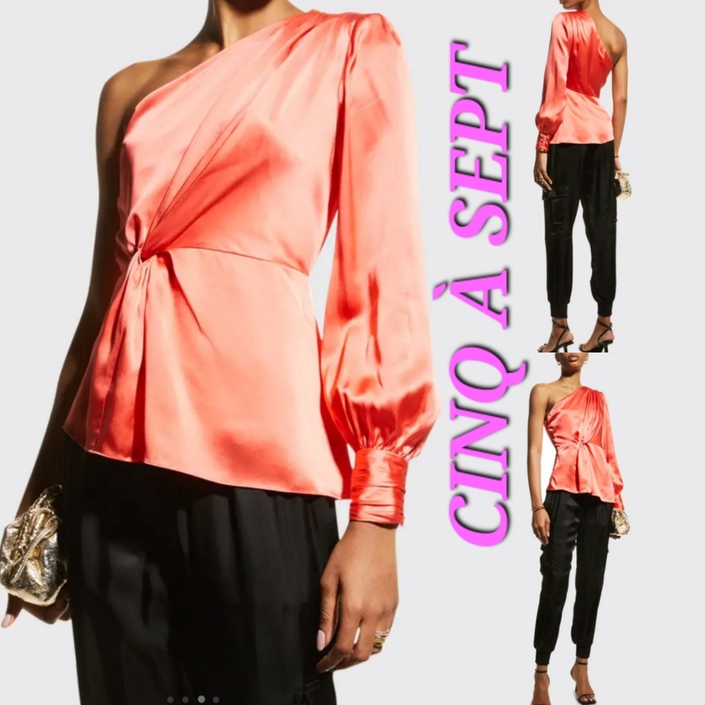 Cinq à Sept Stace one shoulder padded silk blouse in Neon Coral - Picture 1 of 10